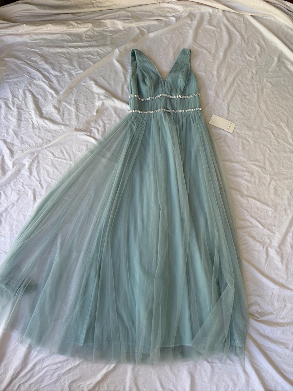 Theia Dusty Sage V-Neck Tulle Prom Gown with Beaded Waist